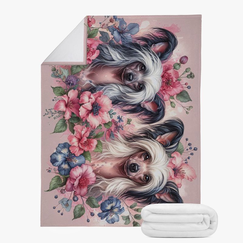 Pink floral blanket with Chinese Crested - Crested dog