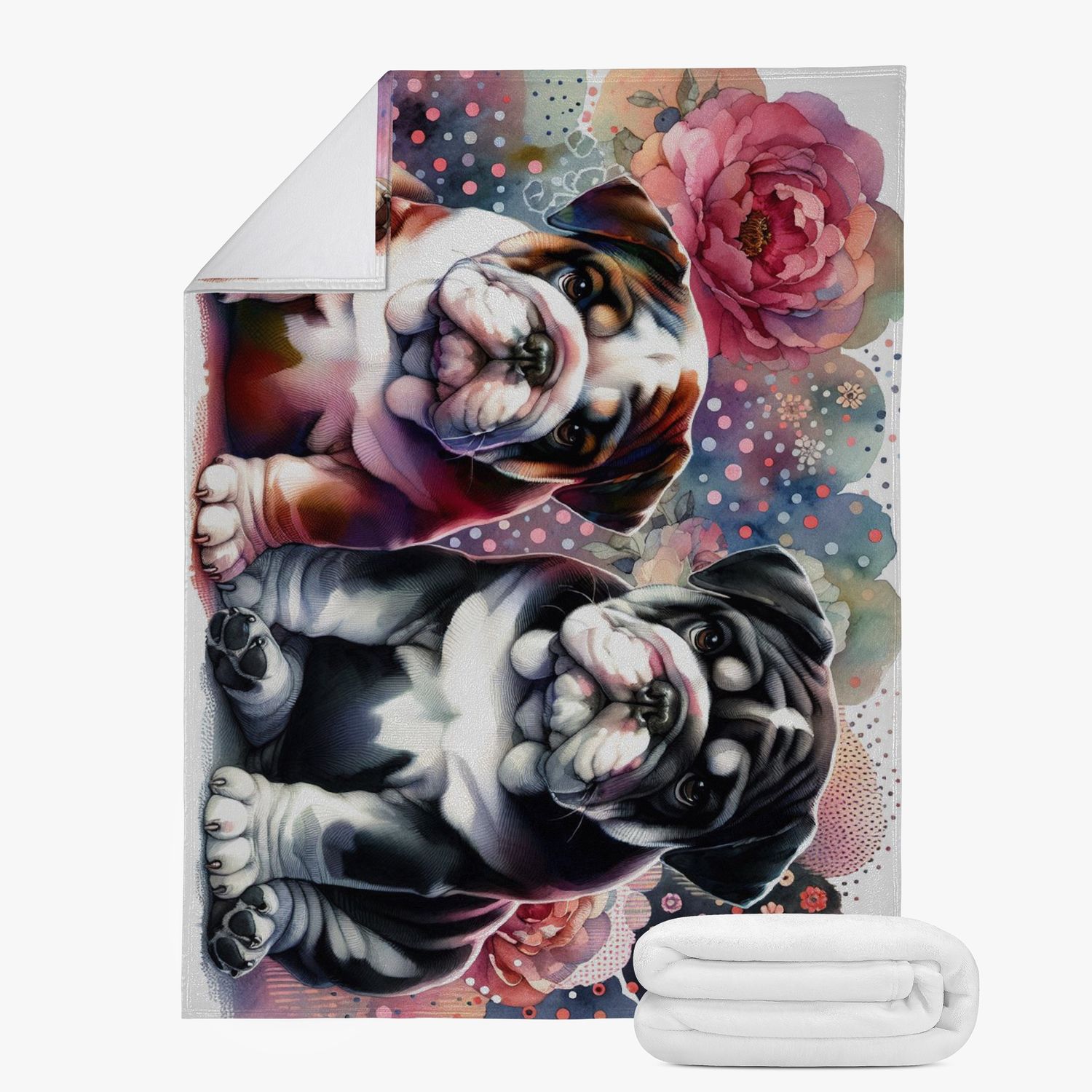 Colorful winter cuddly blanket with English bulldogs