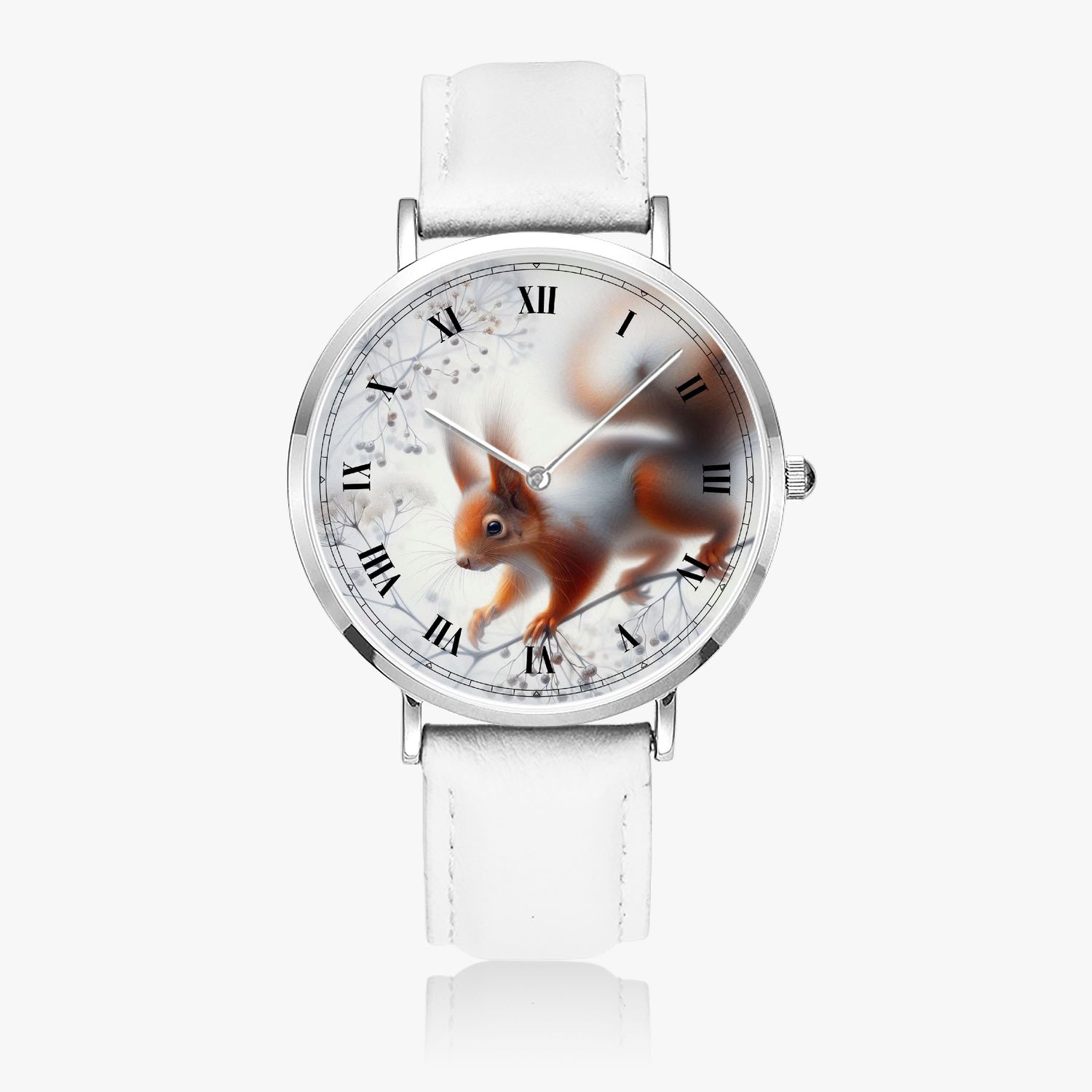 Cute squirrel leather wristwatch silver