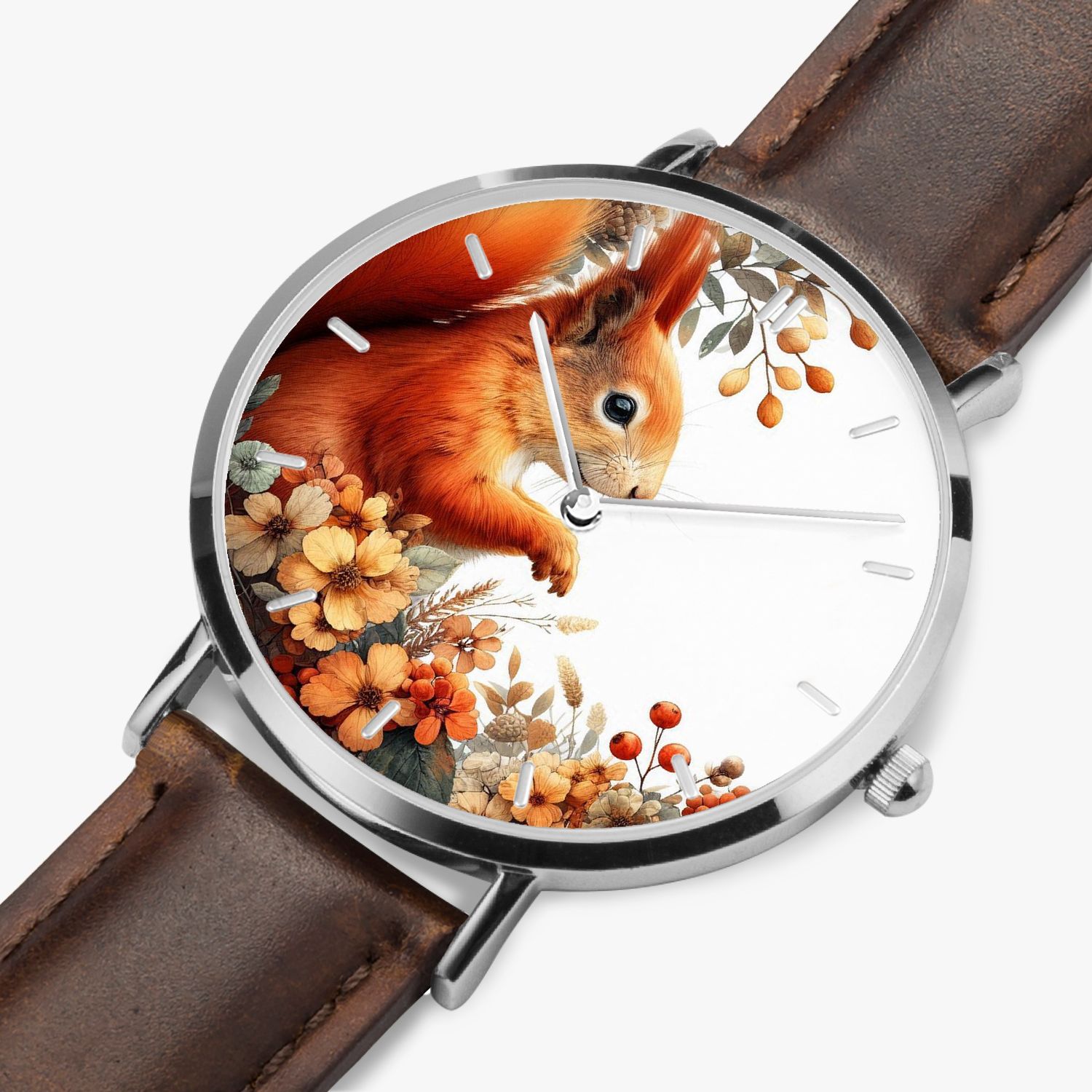 Floral Squirrel Leather Watch Silver