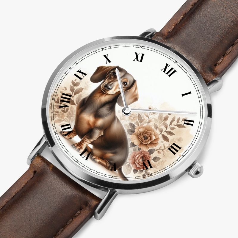 Floral Dachshund Leather Watch Silver
