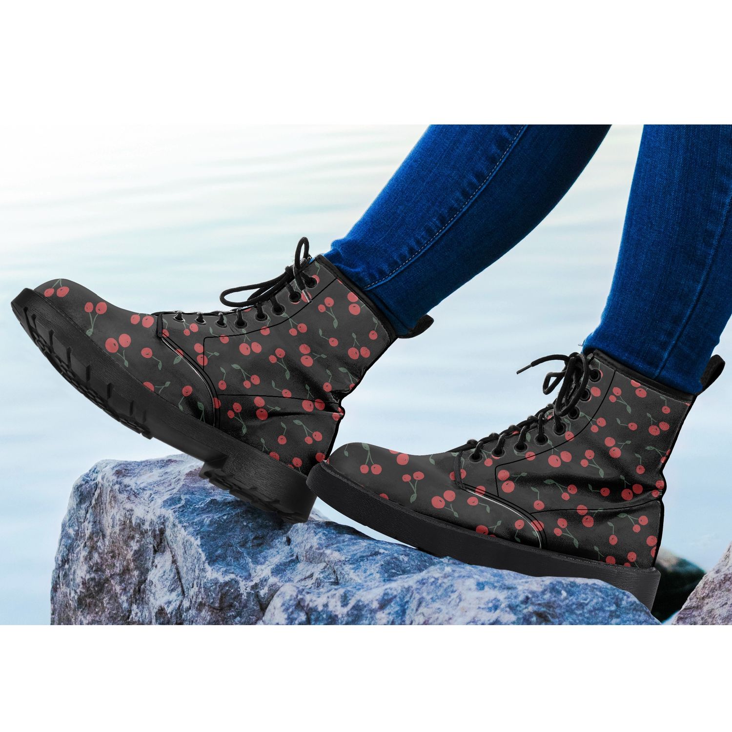 Black - Red Cherry Leather Boots