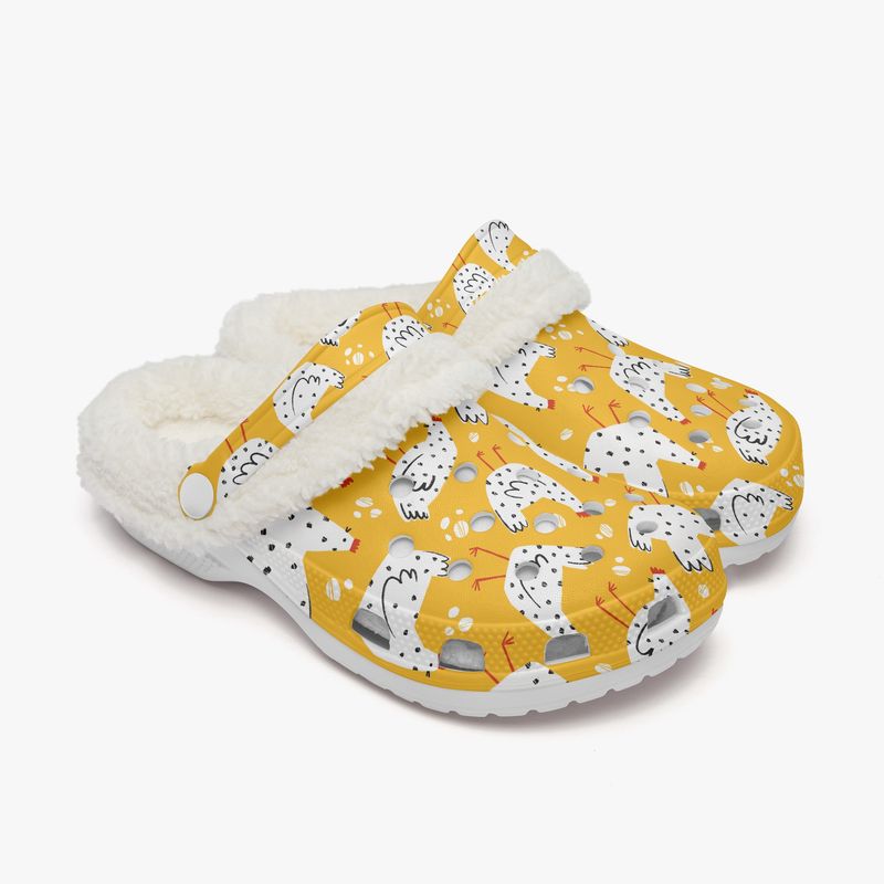Faux Fur Clogs Yellow Chicken Pattern
