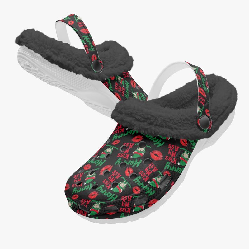 Funny gnome faux fur clogs &quot;Merry Kiss My Ass&quot;
