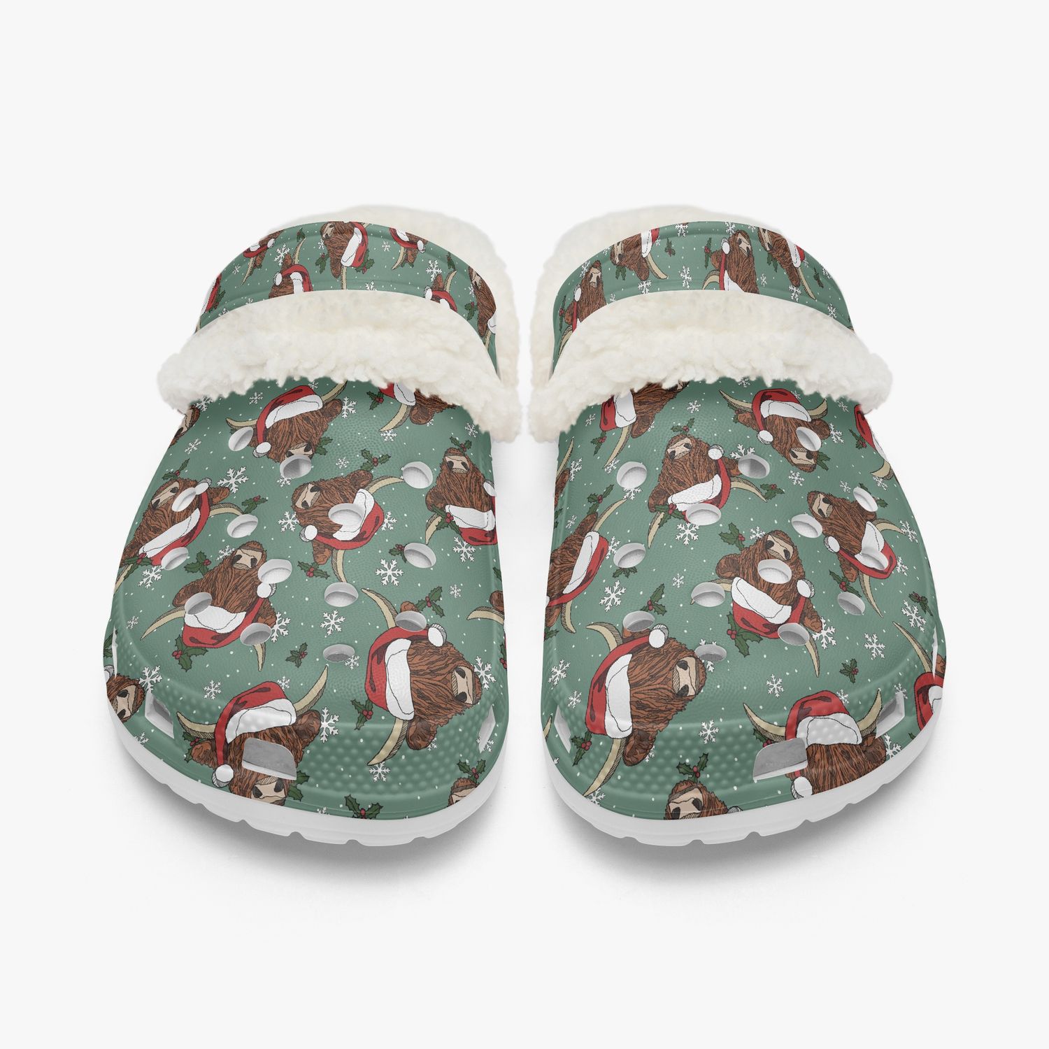 Faux fur clogs Highland cow with Christmas hat