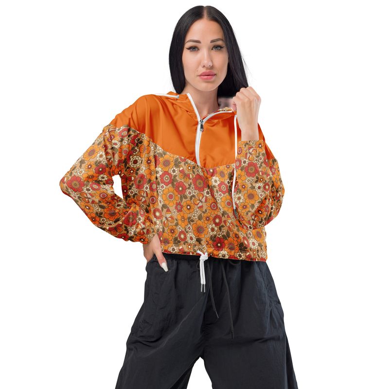 Retro style cropped windbreaker orange - butterflies - flowers