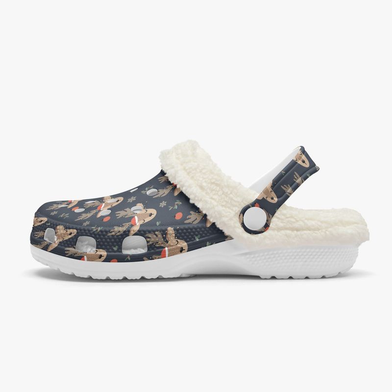 Dark blue faux fur clogs Christmas deer