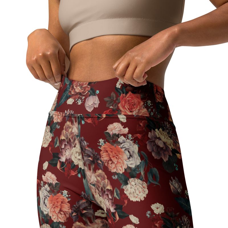 Burgundy floral pattern high-waist leggings