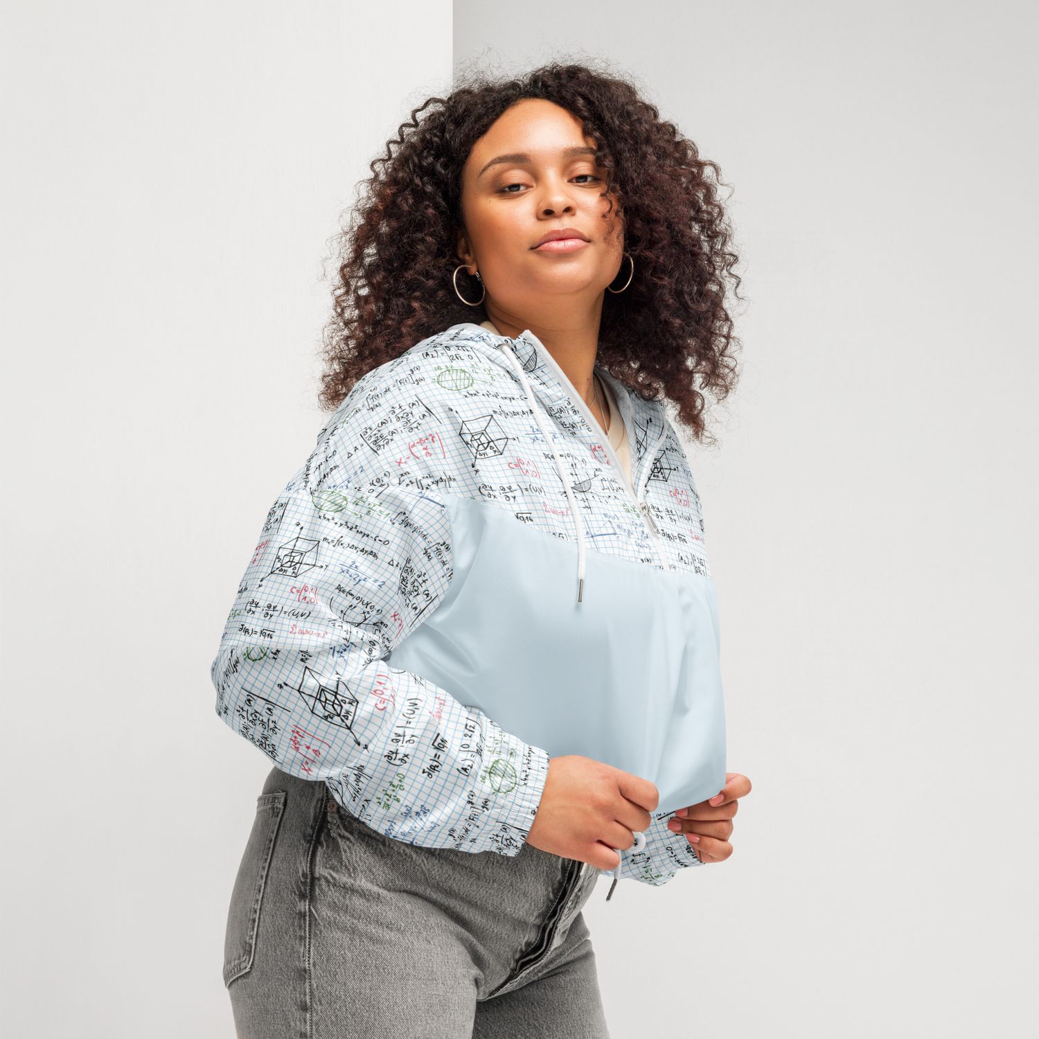 Light Blue Checkered Mathematics Cropped Windbreaker