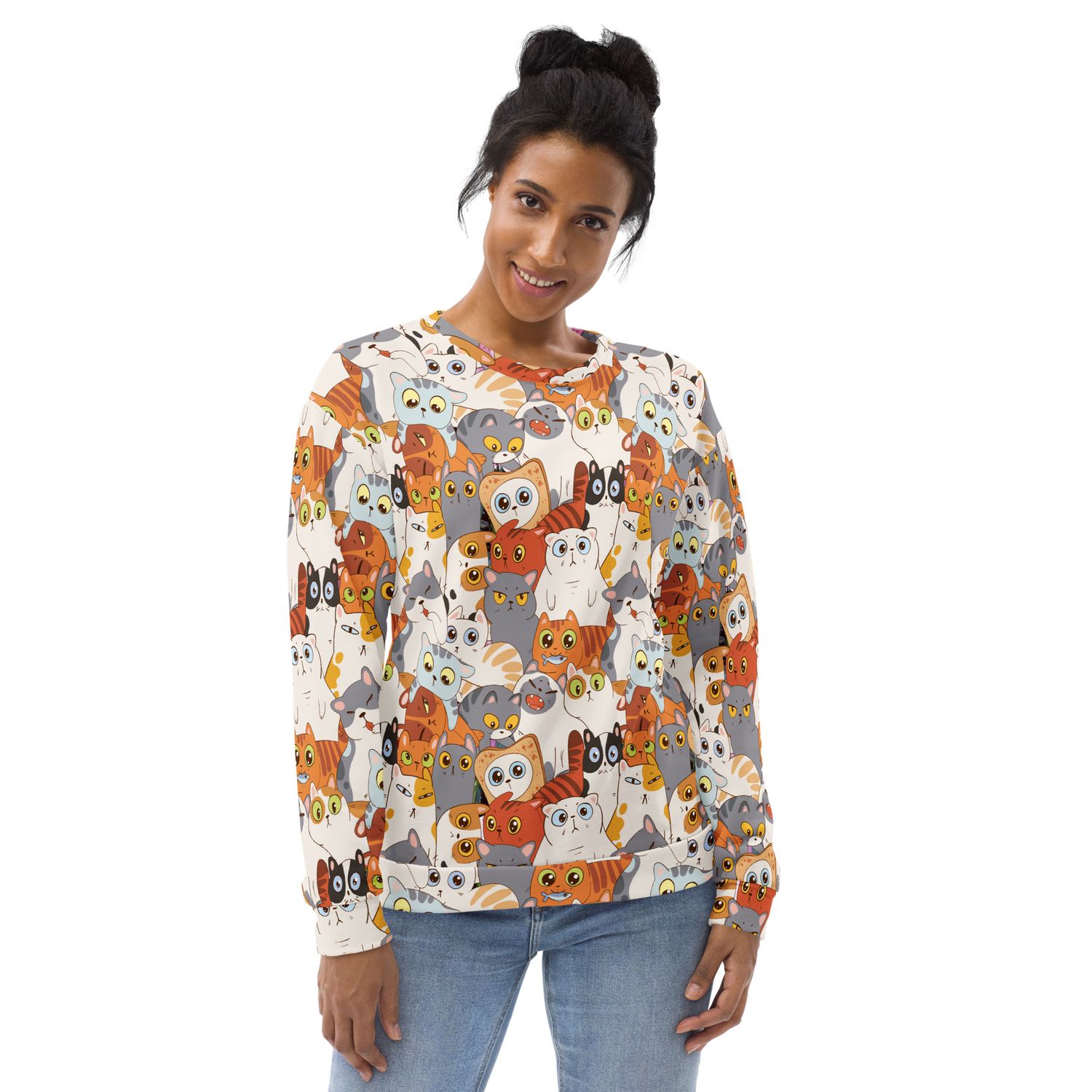 Beige cartoon cat pattern unisex sweater