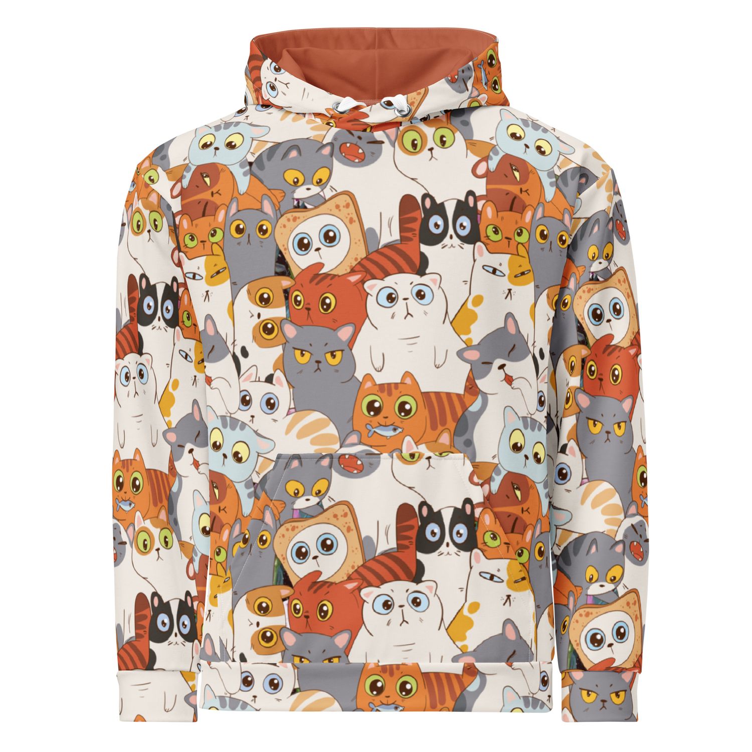 Beigefarbener Cartoon Katzenmuster Unisex-Hoodie