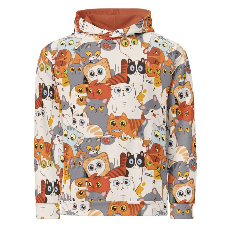 Beige cartoon cat pattern unisex hoodie