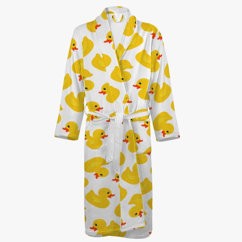 White bathrobe with yellow rubber ducks