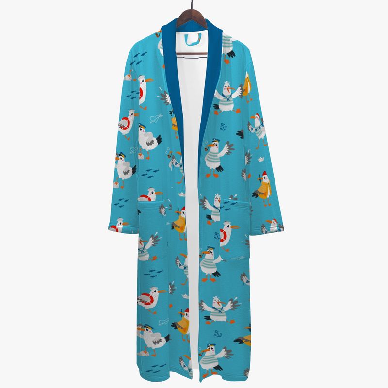Blue bathrobe with cartoon seagulls
