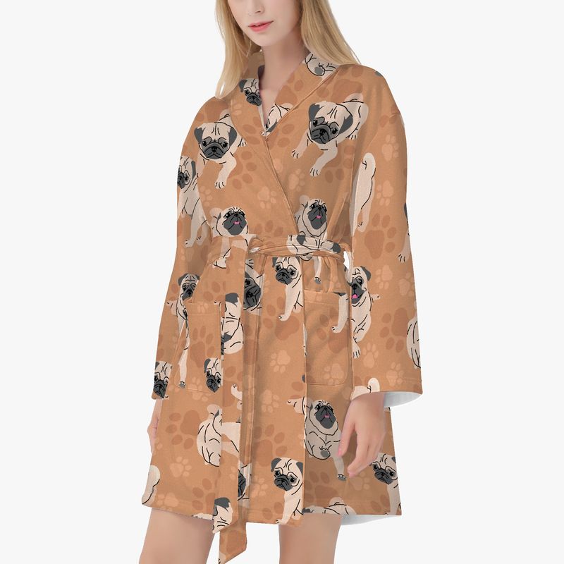 Brown bathrobe with pug dog pattern