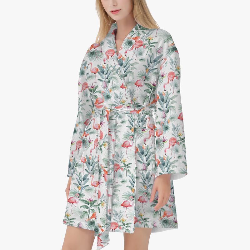 White bathrobe with tropical flamingos