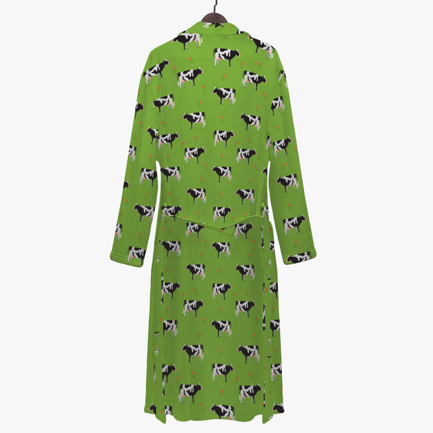 Green bathrobe with farm cow pattern
