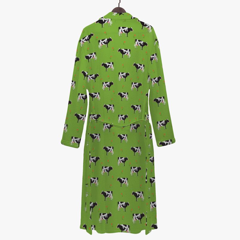 Green bathrobe with farm cow pattern