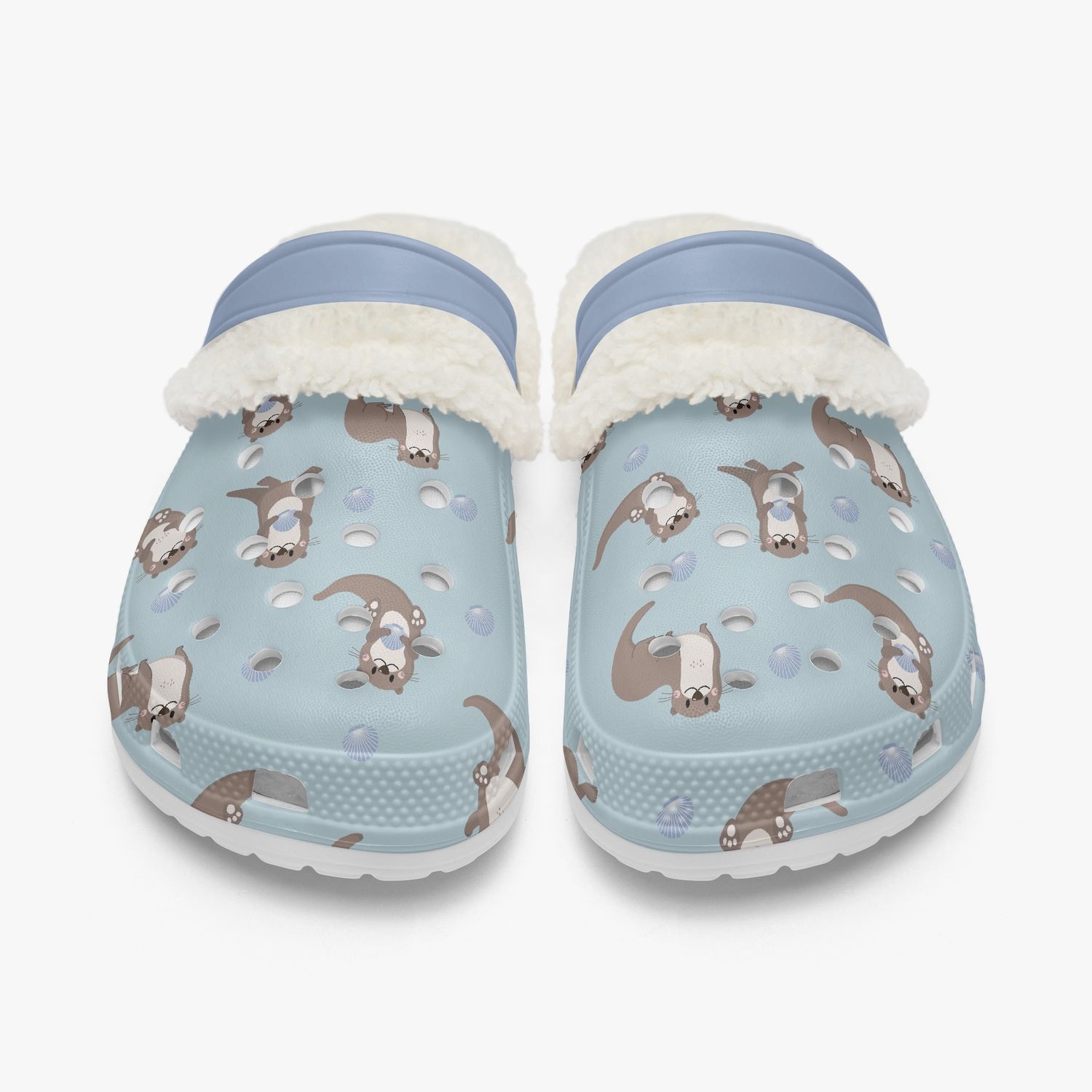Blue faux fur clogs otter pattern