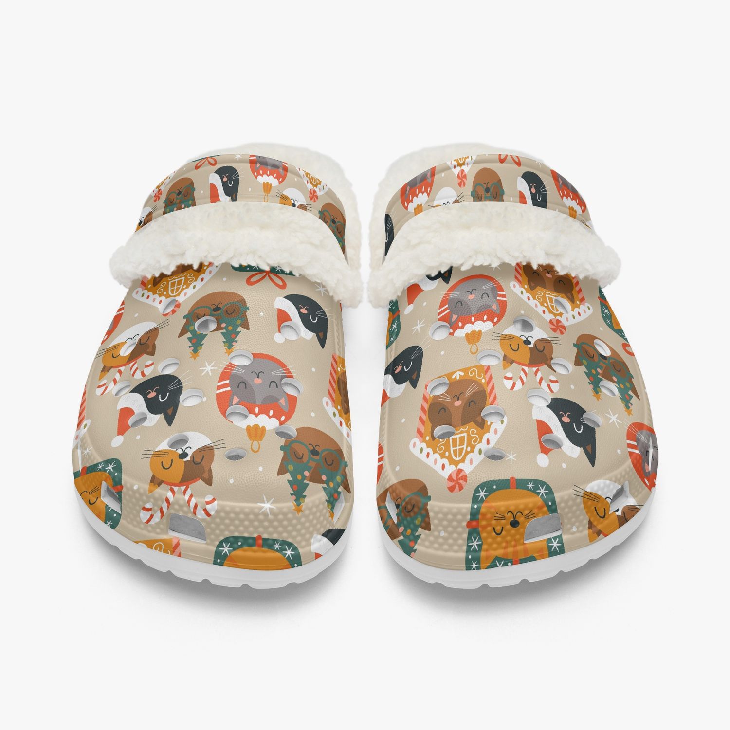 Beige faux fur clogs Christmas - cat pattern