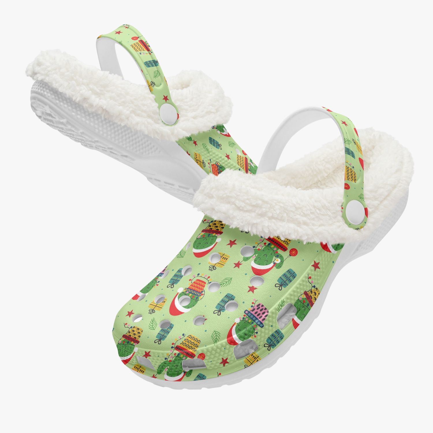 Green faux fur clogs Christmas - cactus