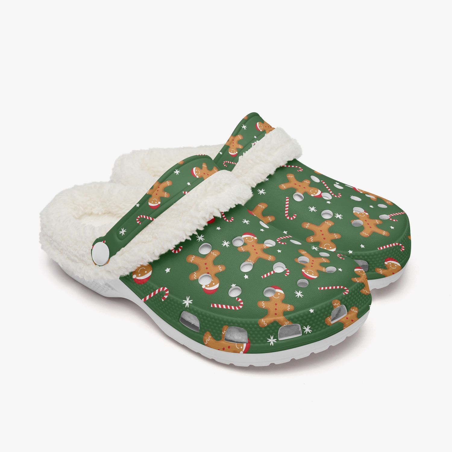 Green faux fur clogs Christmas - Gingerbread man