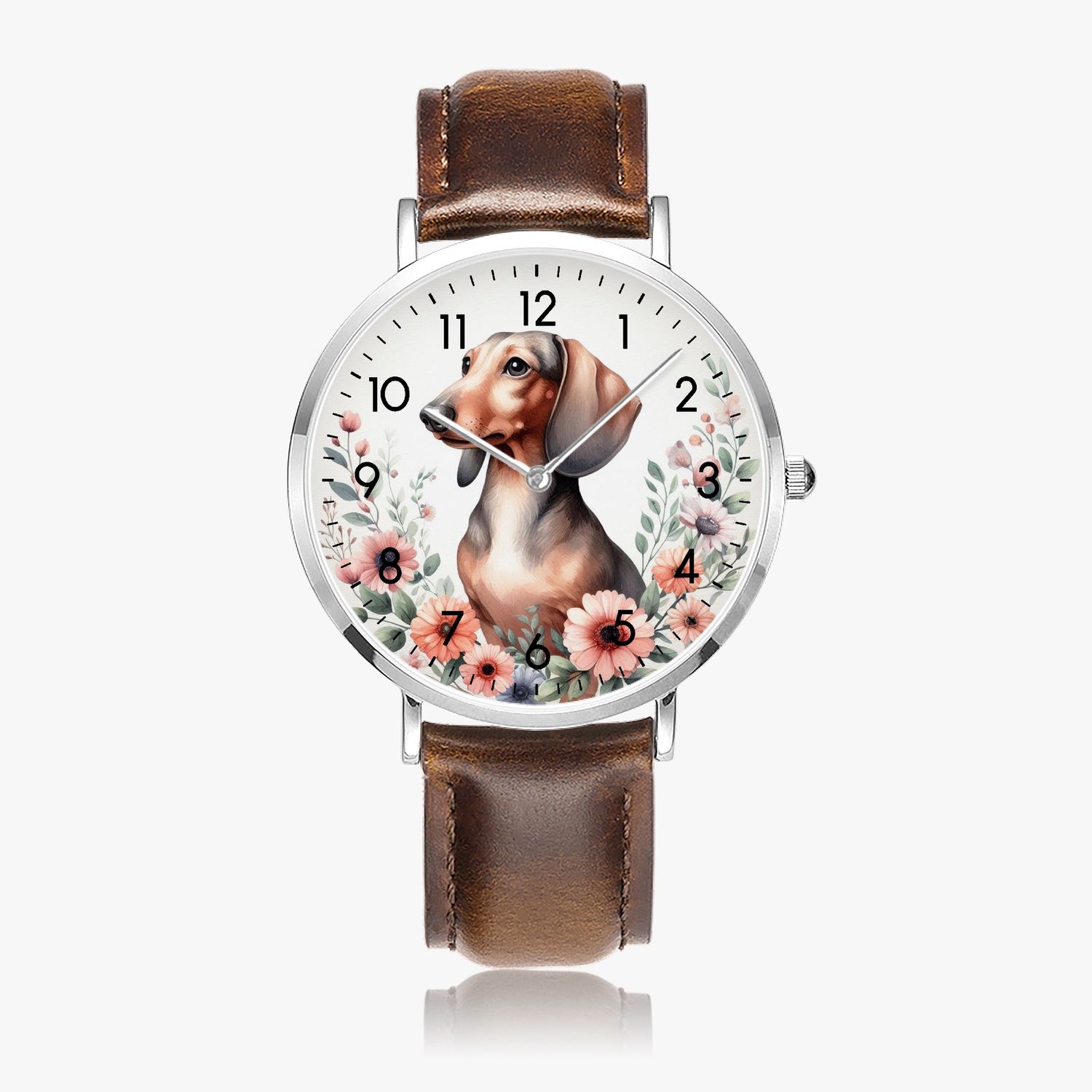 Floral Dachshund Leather Watch Silver