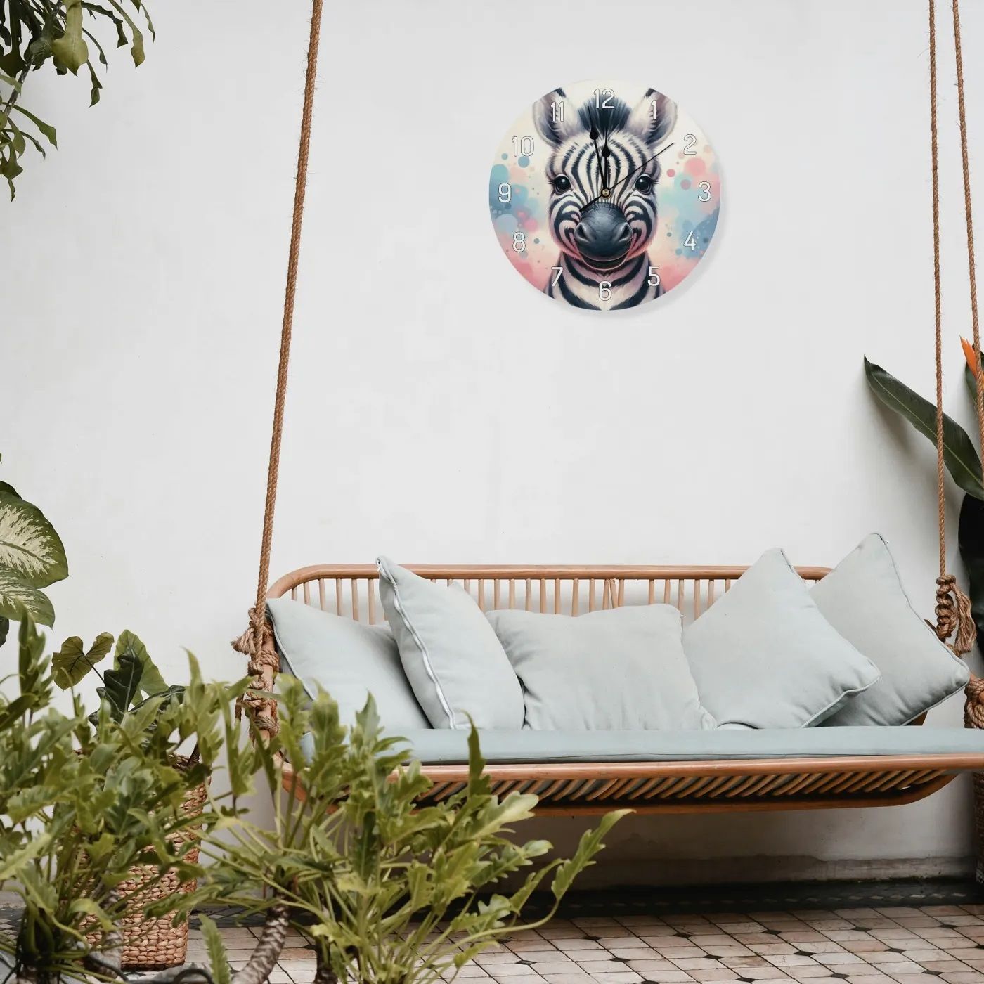 Wooden wall clock - pastel colors zebra motif