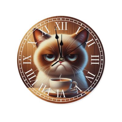 Wanduhr aus Holz - Morgenmuffel - Mürrische Katze-Motiv