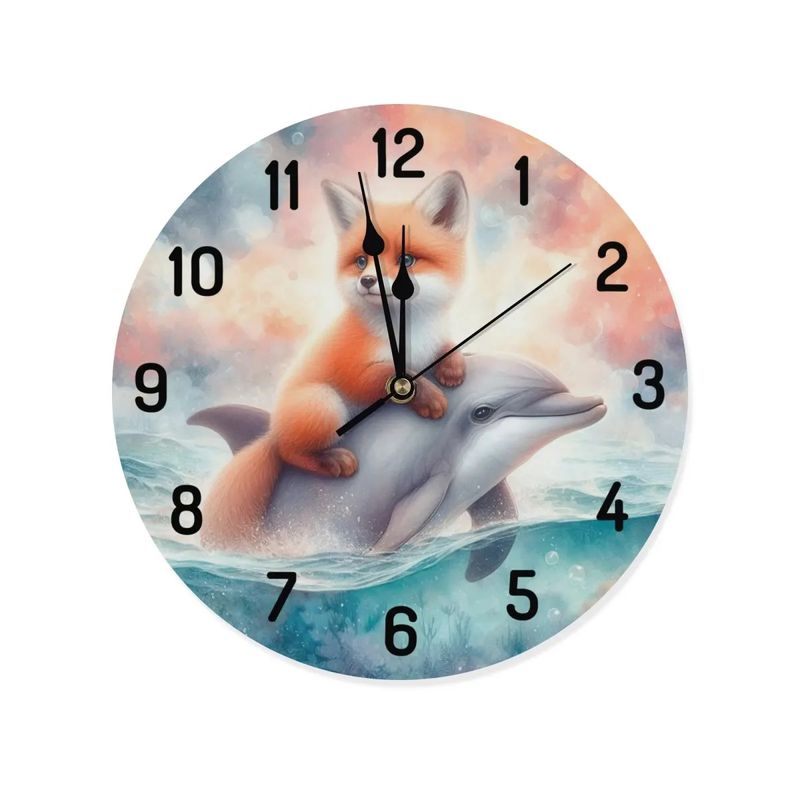 Wooden wall clock - fox &amp; dolphin motif