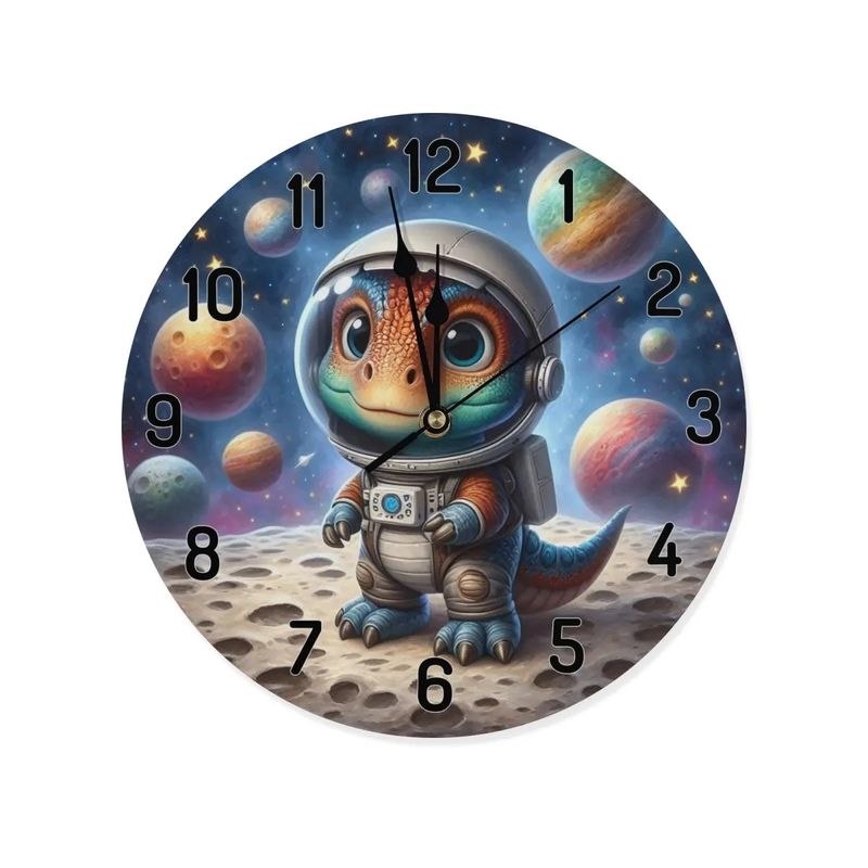 Wooden wall clock - astronaut dinosaur motif