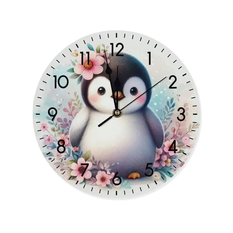 Wooden wall clock - flower penguin motif