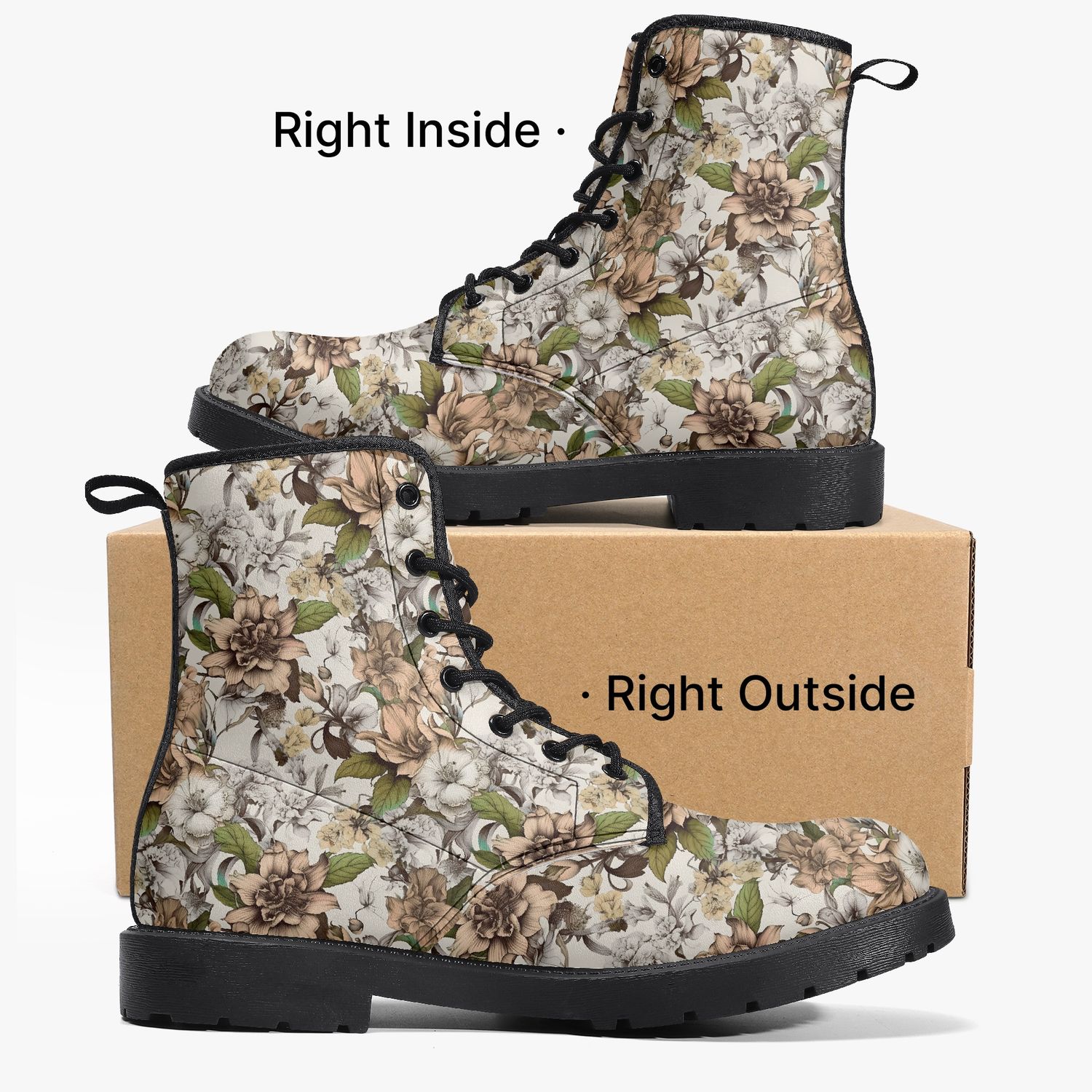 Beige floral pattern leather boots