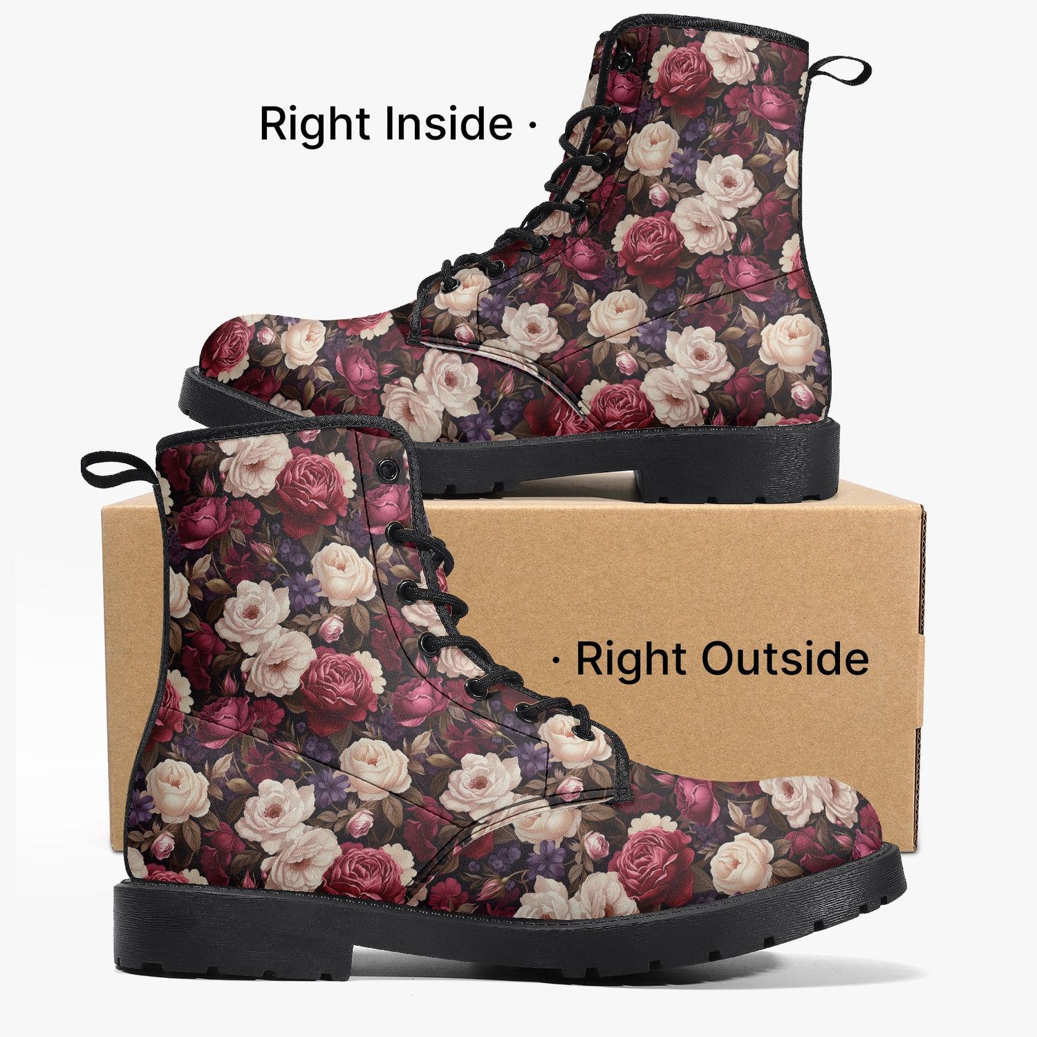 Black - Burgundy rose pattern leather boots