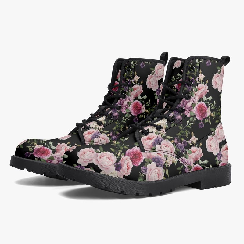 Black vintage floral pattern leather boots