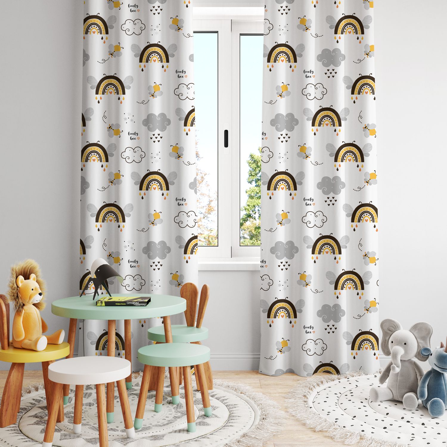 Blackout curtain with bees &amp; rainbows