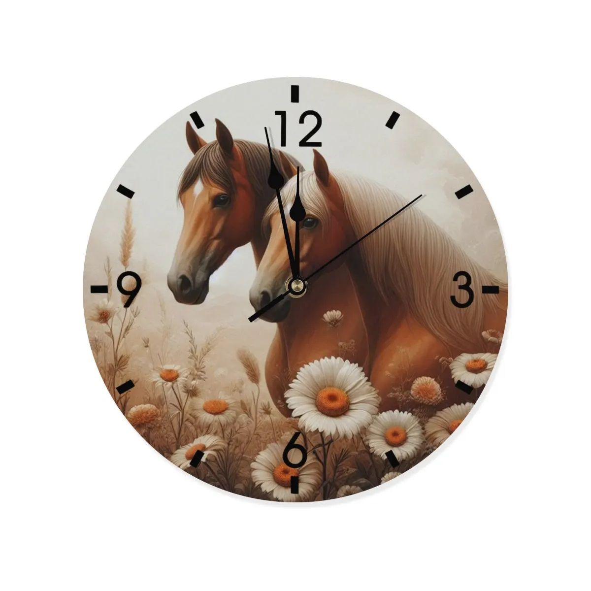 Wooden wall clock - horses with flowers motif