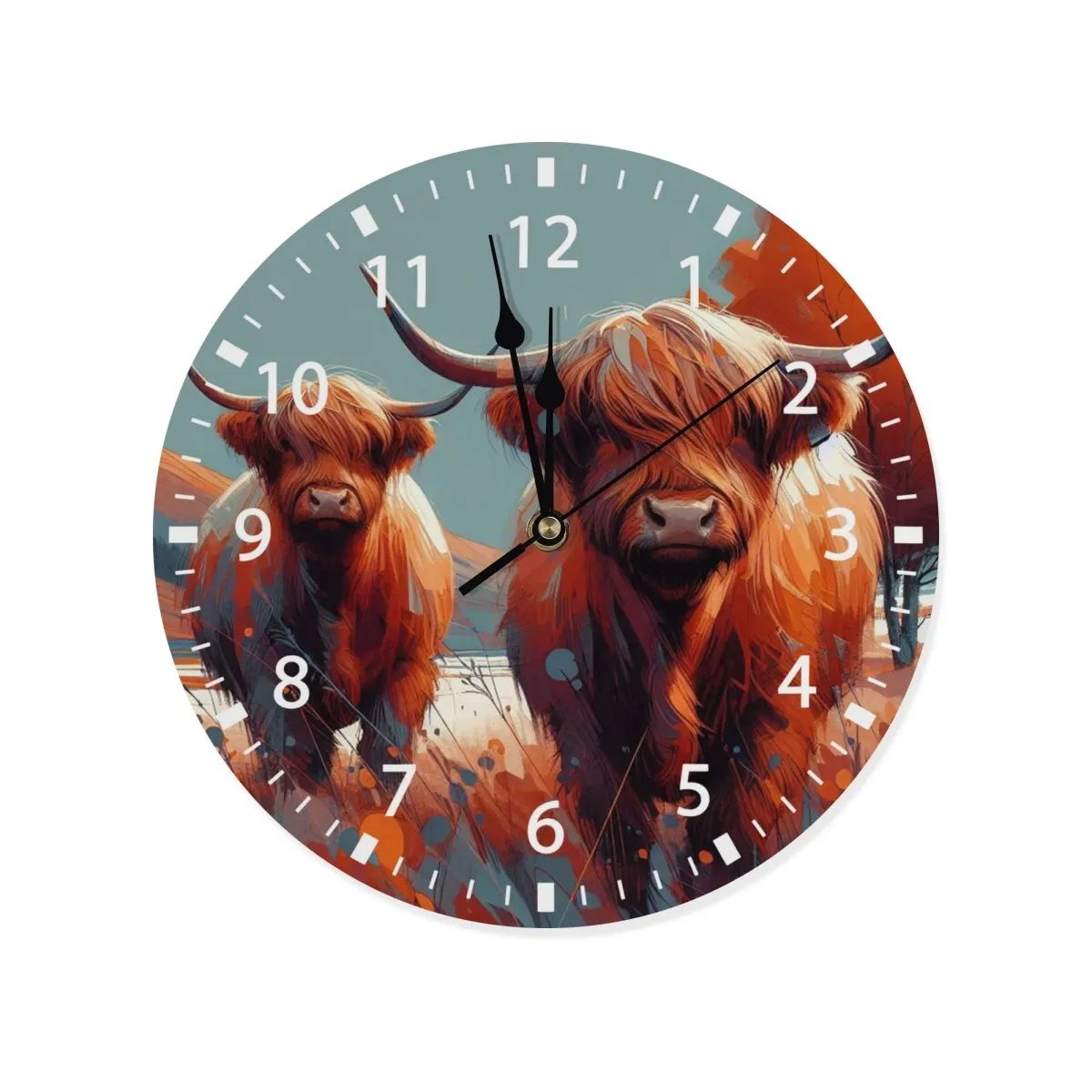Horloge murale en bois - Motif vache Highland moderne