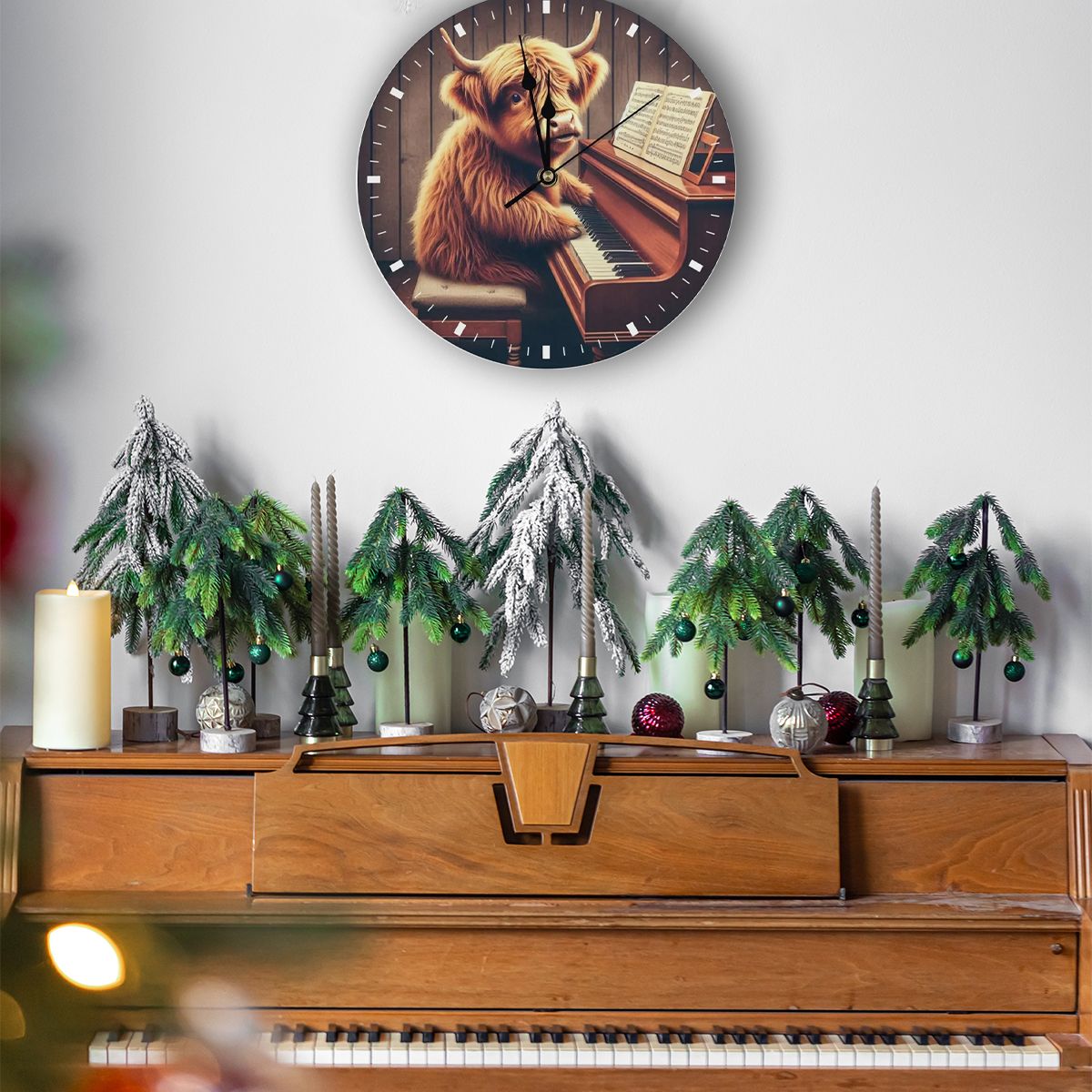Wooden wall clock - Highland cow playing piano