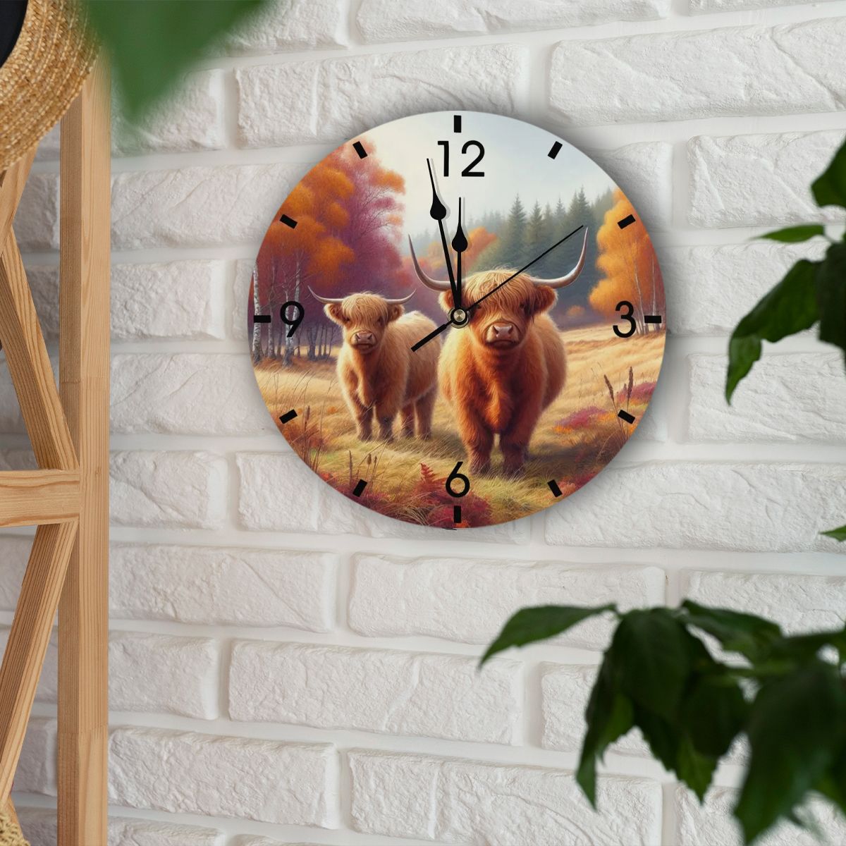 Wooden Wall Clock - Rural Highland Cow Motif