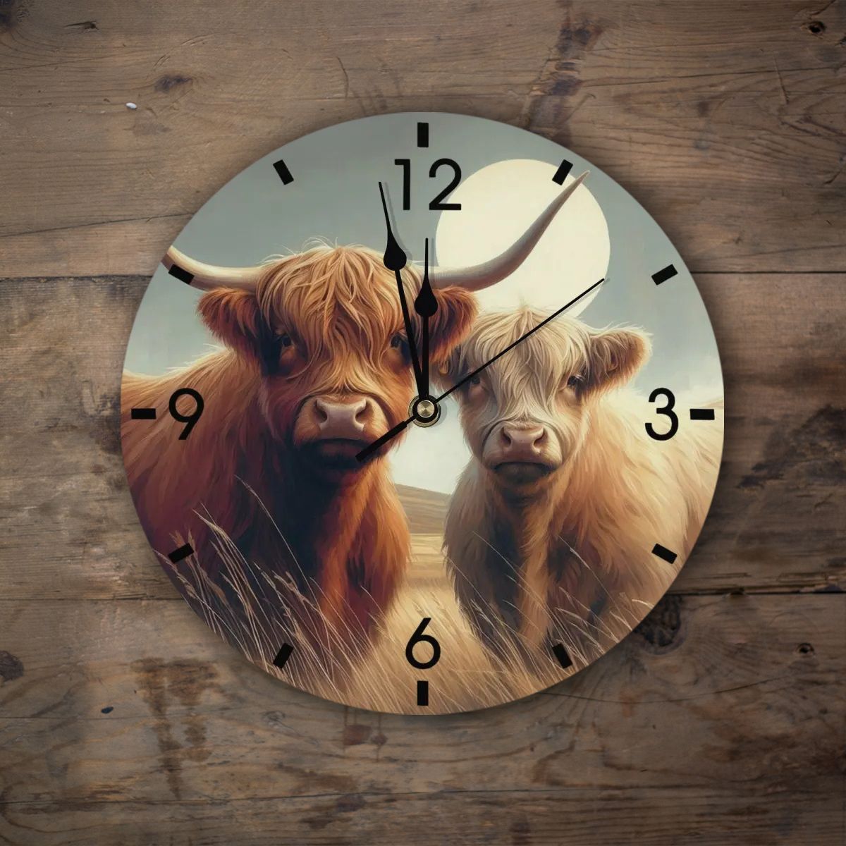 Wooden Wall Clock - Rural Highland Cow Motif