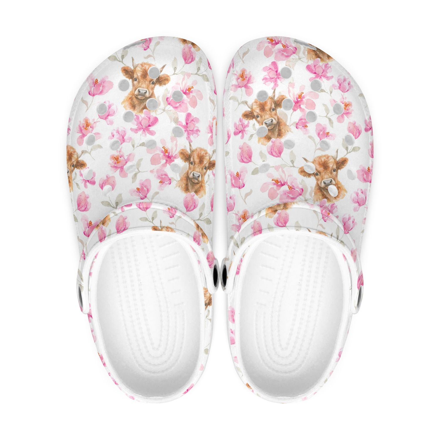 White Clogs - Pink Floral with Highland Cow