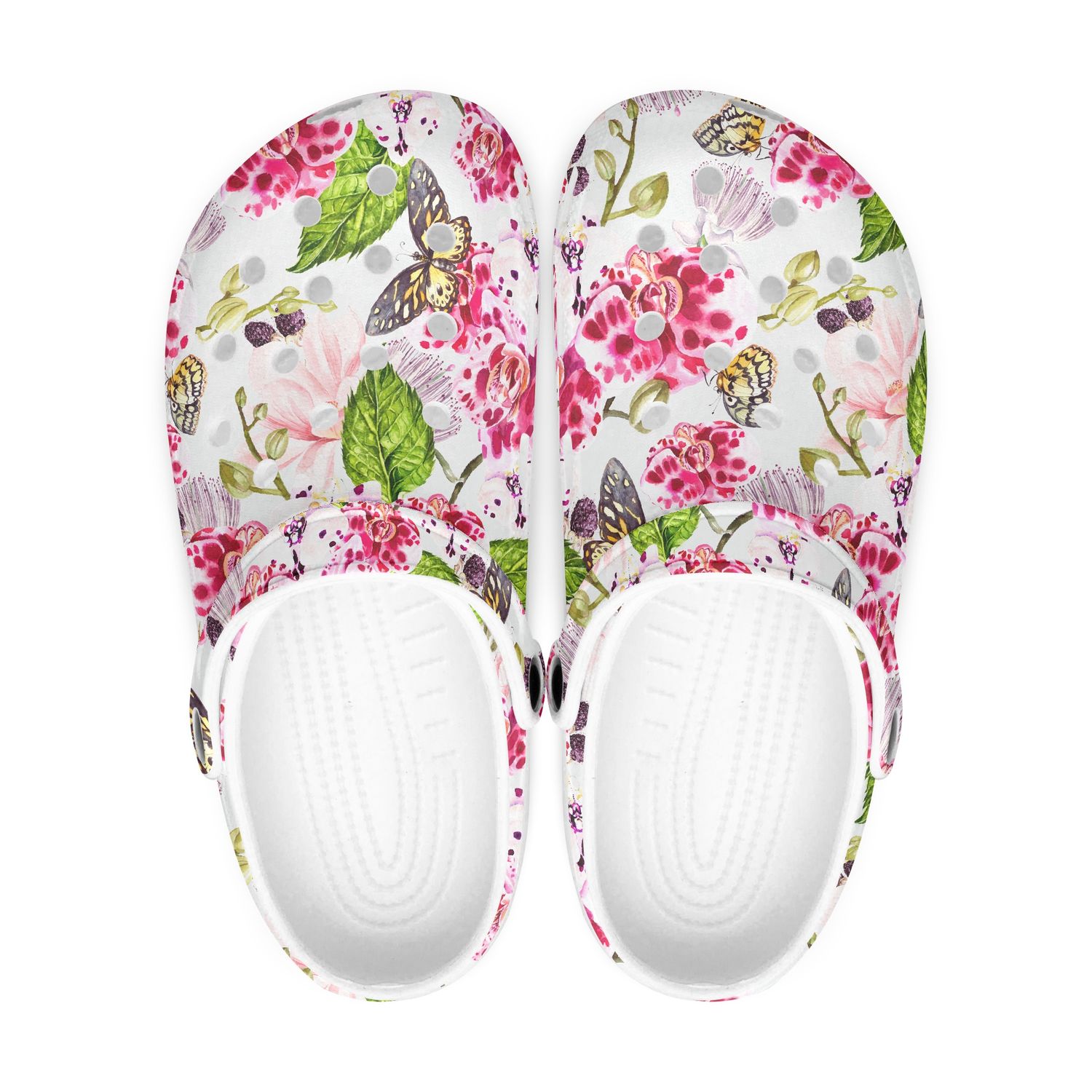 White Clogs - Pink Orchid and Butterfly