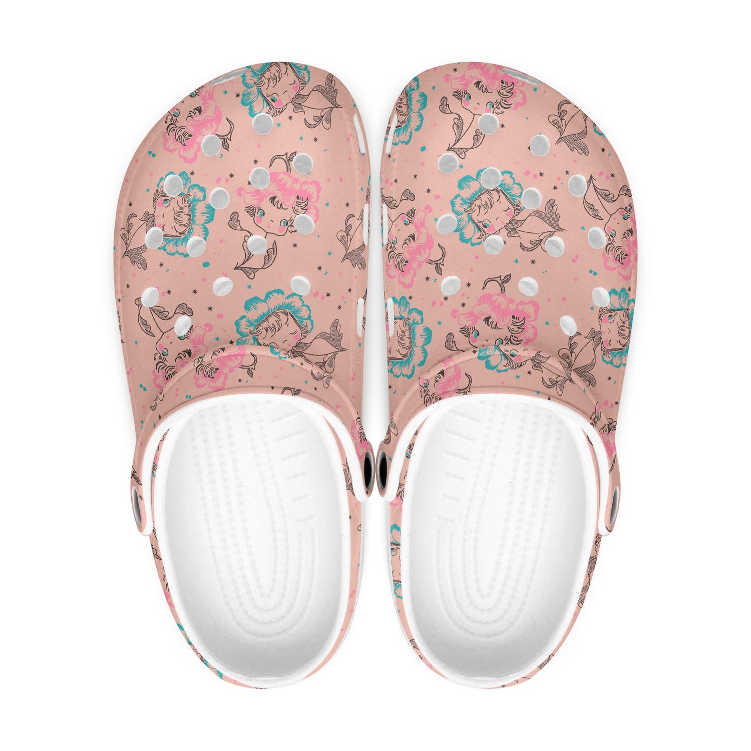Funny retro clogs - cartoon flowers