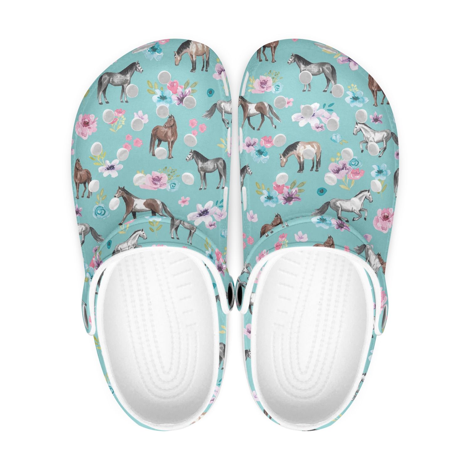Turquoise clogs - horses and flowers