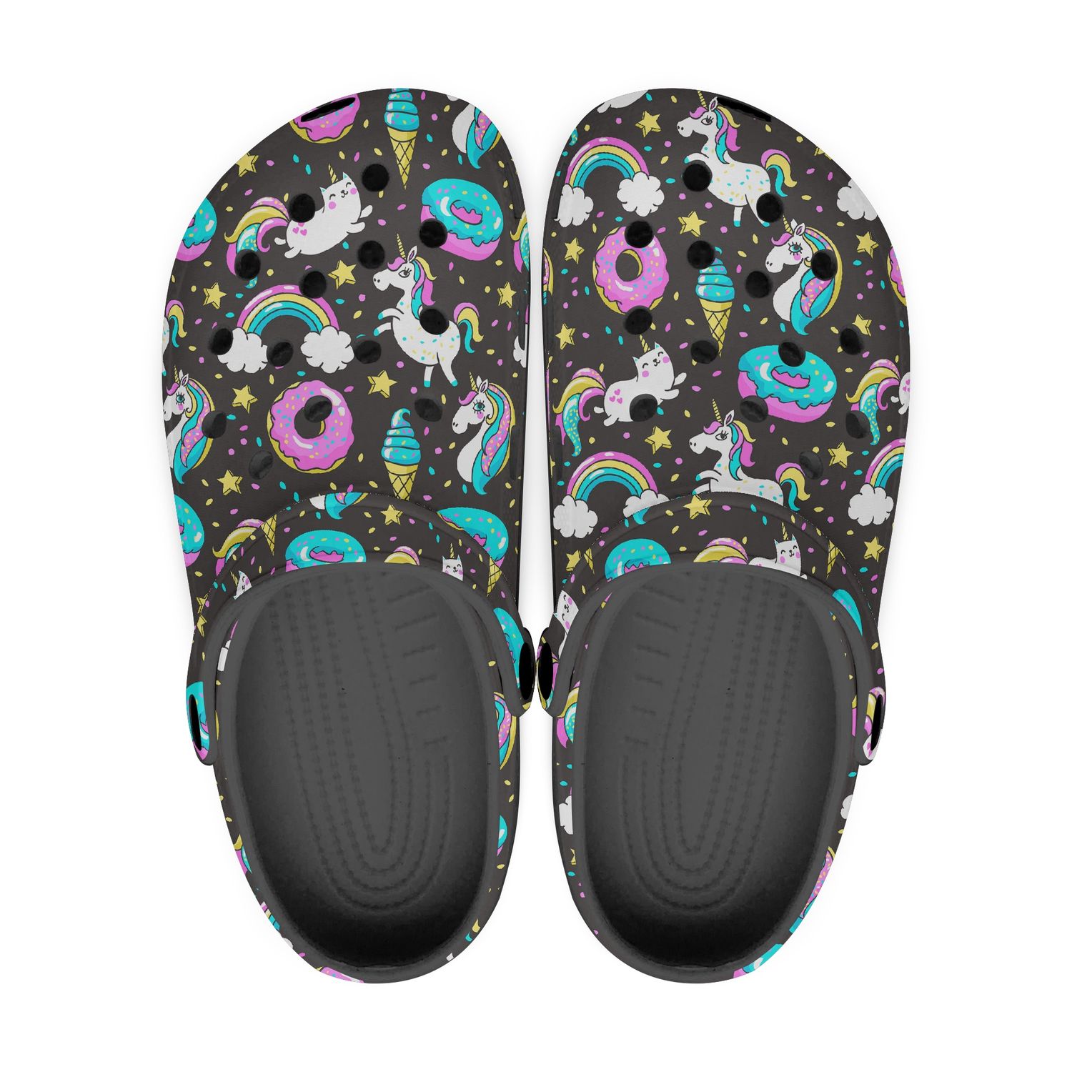 Funny black clogs - unicorn and cat