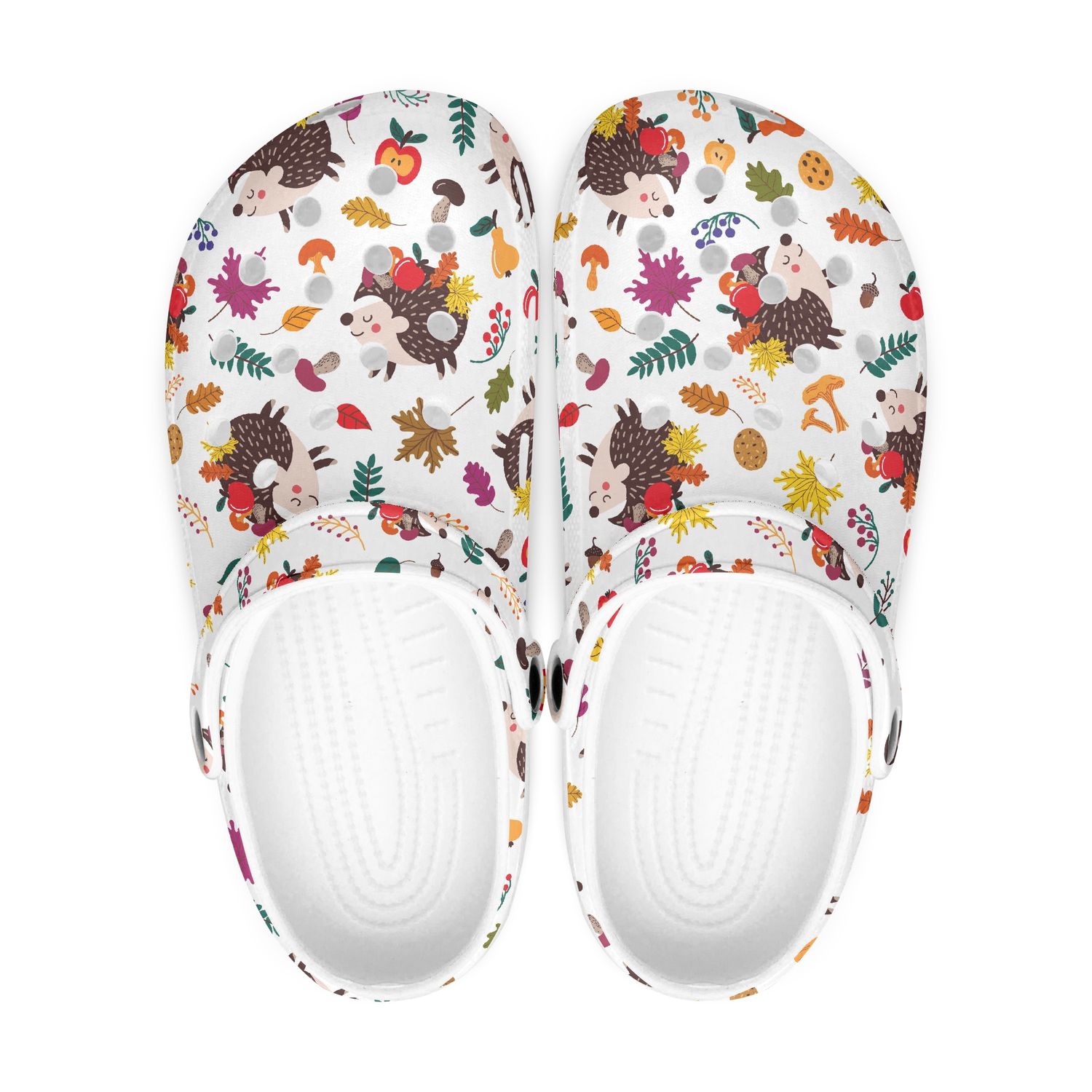 Playful White Clogs - Cartoon Hedgehogs