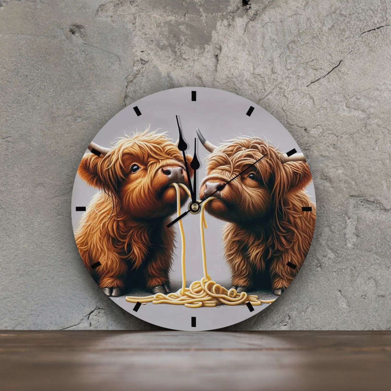 Wooden wall clock - Highland cow with pasta motif