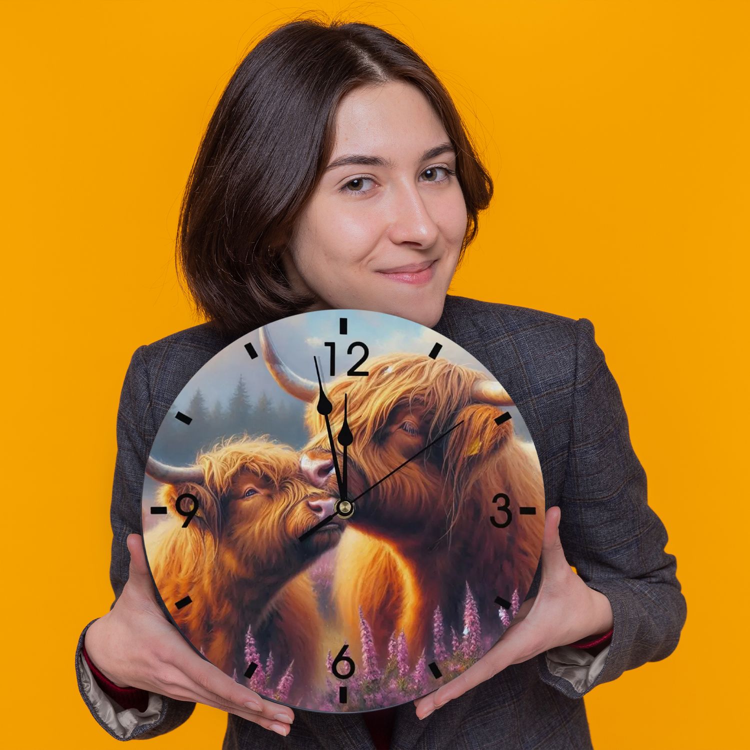 Wanduhr aus Holz - Highland Kuh Motiv