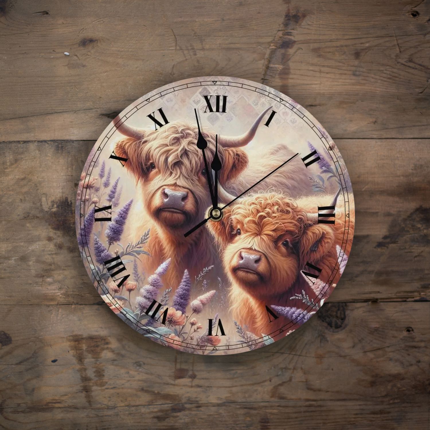 Wooden wall clock - country house style Highland cow motif